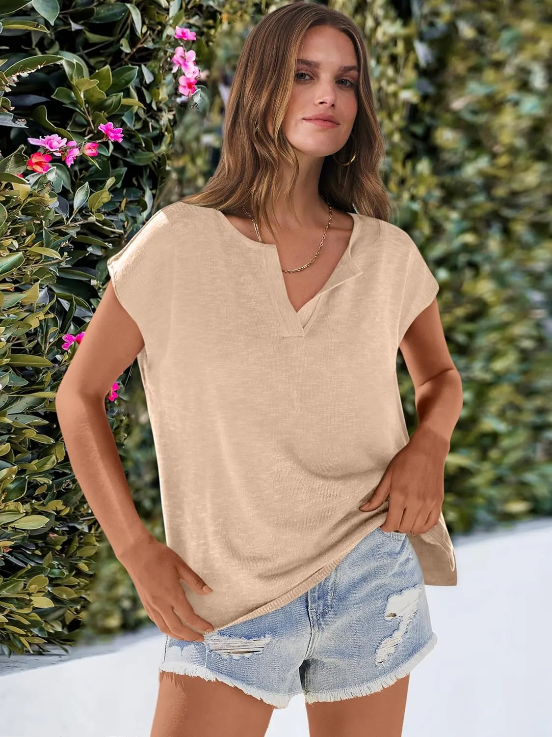 Caracilia Womens Sweater Tops Summer Casual V Neck Cap Sleeve Vests Loose Lightweight Side Slit Hem Shirts 2025 Blouse