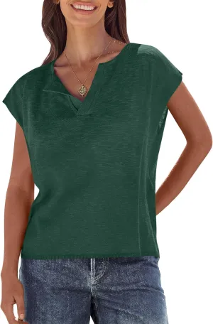 Caracilia Womens Sweater Tops Summer Casual V Neck Cap Sleeve Vests Loose Lightweight Side Slit Hem Shirts 2025 Blouse
