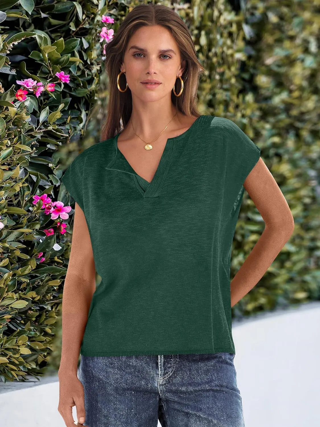 Caracilia Womens Sweater Tops Summer Casual V Neck Cap Sleeve Vests Loose Lightweight Side Slit Hem Shirts 2025 Blouse