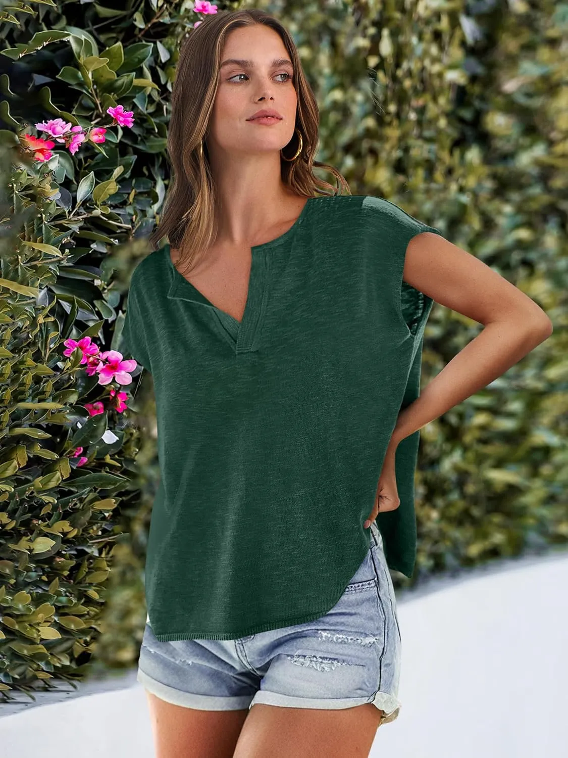 Caracilia Womens Sweater Tops Summer Casual V Neck Cap Sleeve Vests Loose Lightweight Side Slit Hem Shirts 2025 Blouse