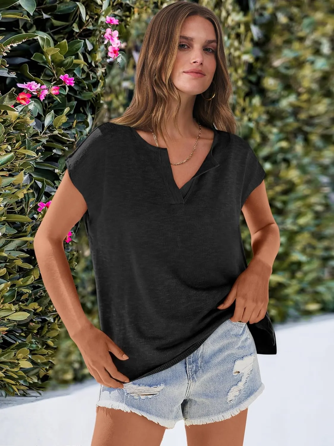Caracilia Womens Sweater Tops Summer Casual V Neck Cap Sleeve Vests Loose Lightweight Side Slit Hem Shirts 2025 Blouse