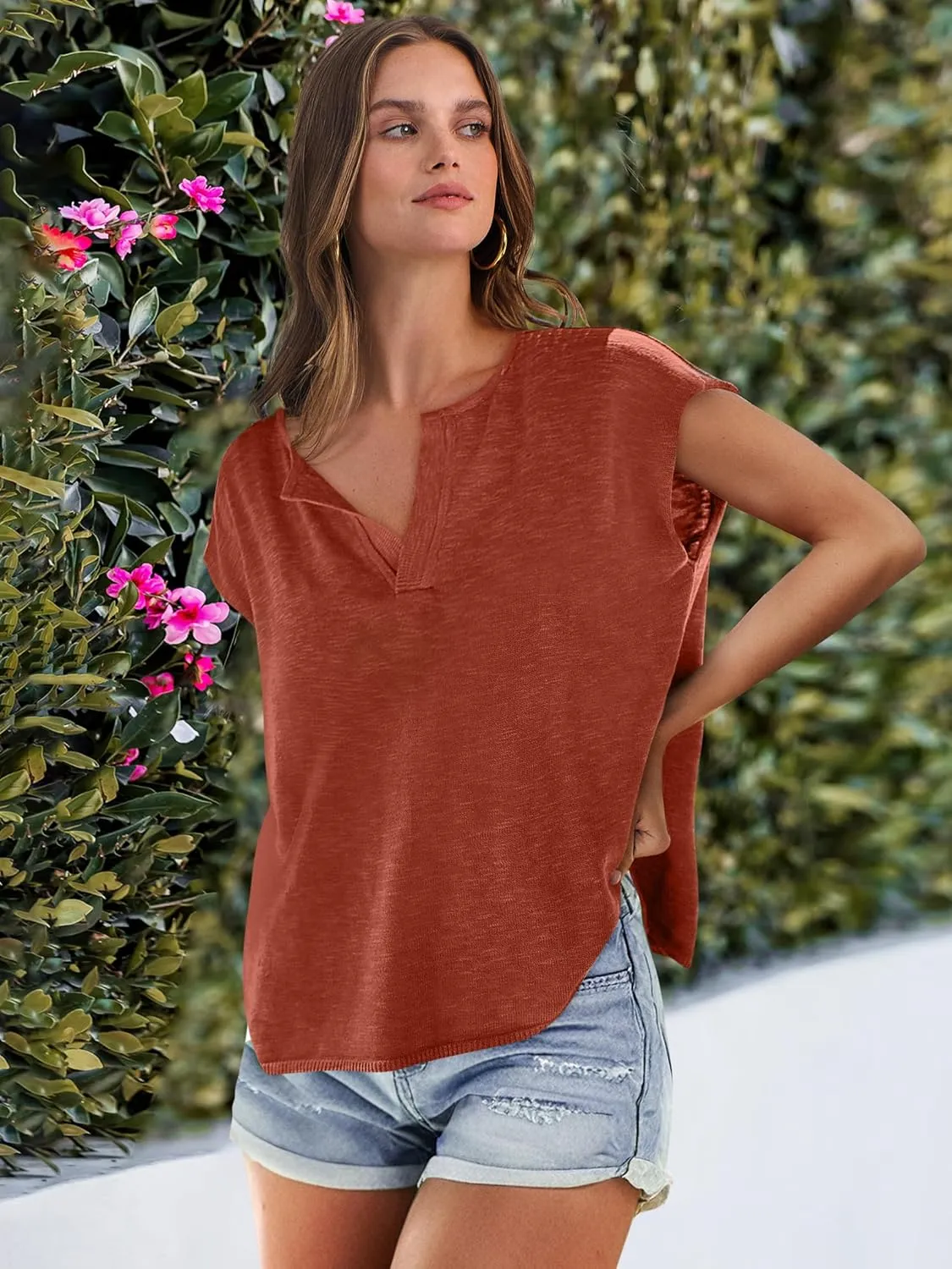 Caracilia Womens Sweater Tops Summer Casual V Neck Cap Sleeve Vests Loose Lightweight Side Slit Hem Shirts 2025 Blouse
