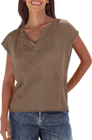 Caracilia Womens Sweater Tops Summer Casual V Neck Cap Sleeve Vests Loose Lightweight Side Slit Hem Shirts 2025 Blouse