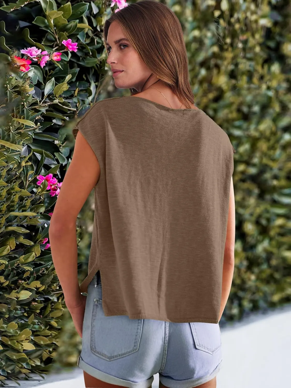 Caracilia Womens Sweater Tops Summer Casual V Neck Cap Sleeve Vests Loose Lightweight Side Slit Hem Shirts 2025 Blouse