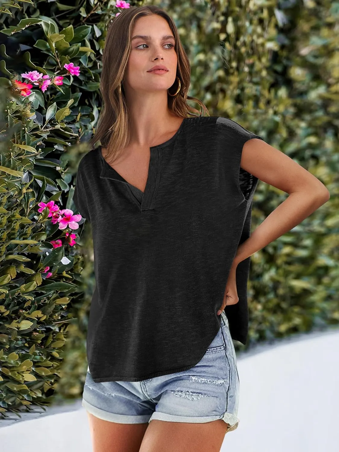 Caracilia Womens Sweater Tops Summer Casual V Neck Cap Sleeve Vests Loose Lightweight Side Slit Hem Shirts 2025 Blouse