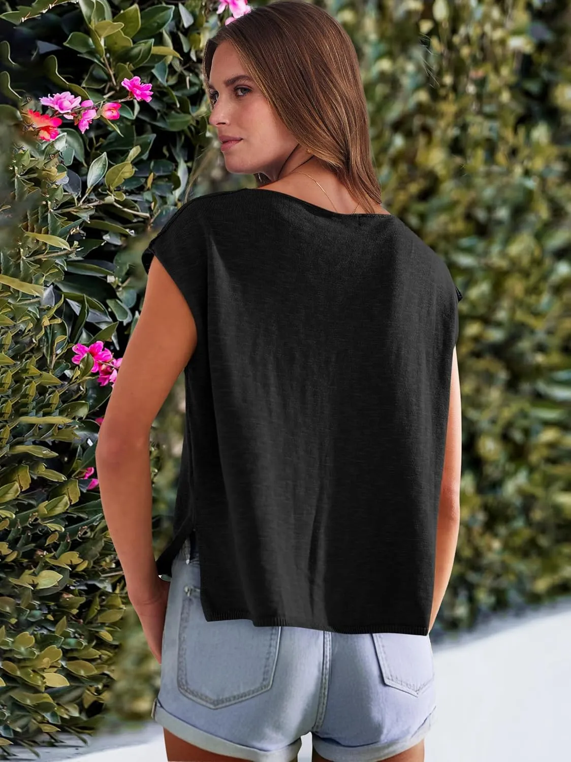 Caracilia Womens Sweater Tops Summer Casual V Neck Cap Sleeve Vests Loose Lightweight Side Slit Hem Shirts 2025 Blouse