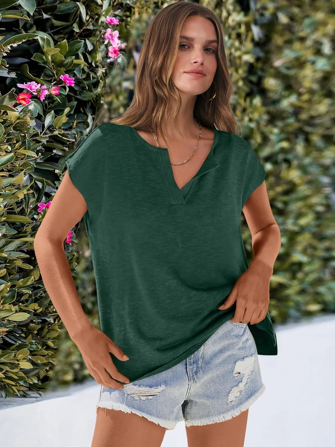 Caracilia Womens Sweater Tops Summer Casual V Neck Cap Sleeve Vests Loose Lightweight Side Slit Hem Shirts 2025 Blouse