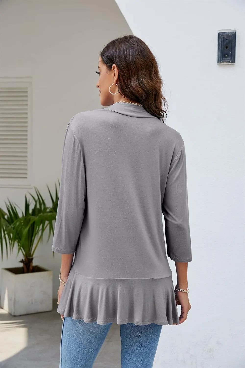 CASURESS Women's Casual Lightweight Open Front Cardigans Soft Draped Ruffles 3/4 Sleeve Cardigan