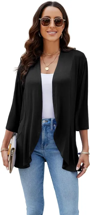 CASURESS Women's Casual Lightweight Open Front Cardigans Soft Draped Ruffles 3/4 Sleeve Cardigan