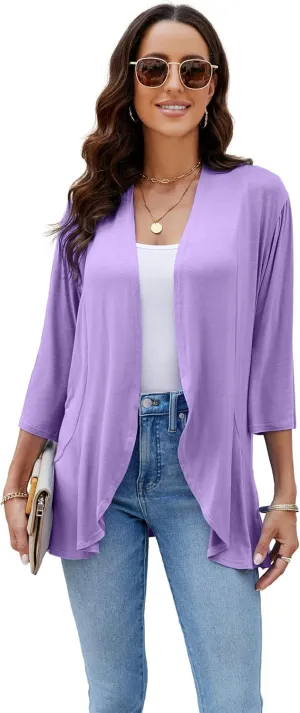 CASURESS Women's Casual Lightweight Open Front Cardigans Soft Draped Ruffles 3/4 Sleeve Cardigan