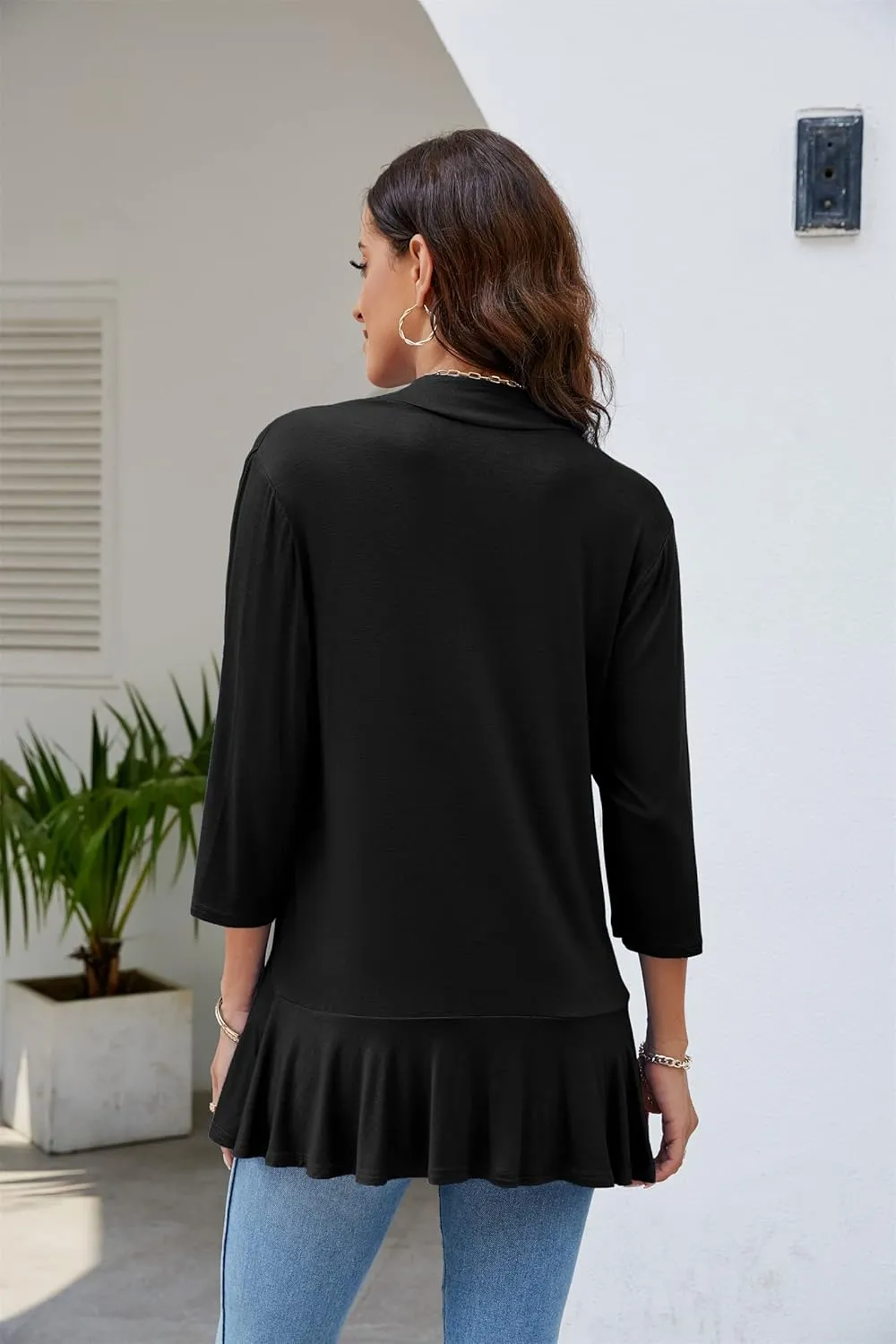 CASURESS Women's Casual Lightweight Open Front Cardigans Soft Draped Ruffles 3/4 Sleeve Cardigan