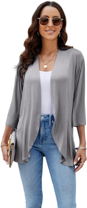 CASURESS Women's Casual Lightweight Open Front Cardigans Soft Draped Ruffles 3/4 Sleeve Cardigan