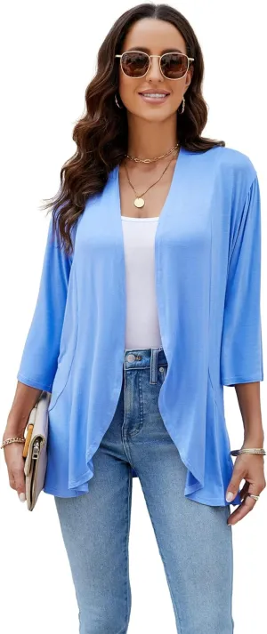 CASURESS Women's Casual Lightweight Open Front Cardigans Soft Draped Ruffles 3/4 Sleeve Cardigan