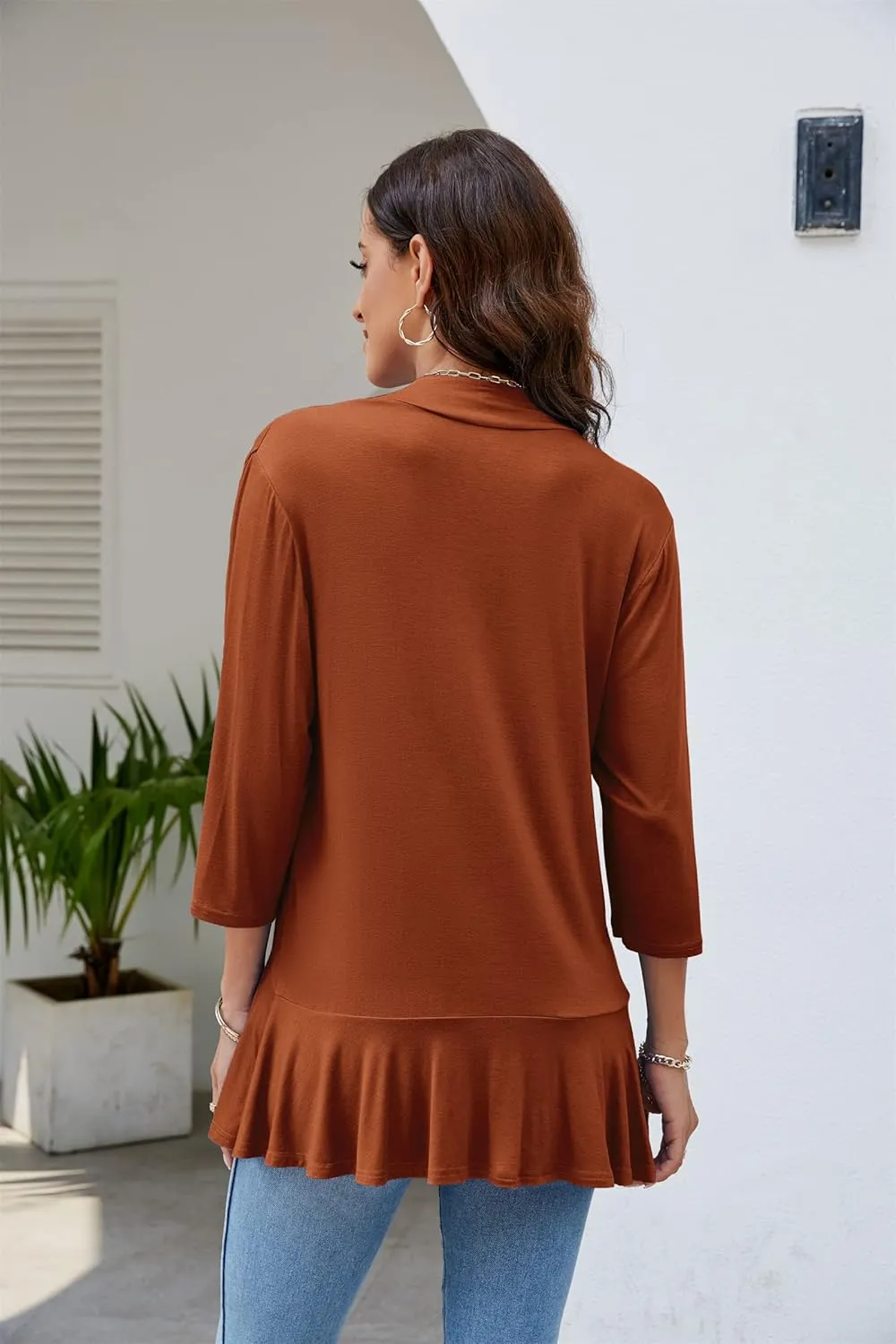 CASURESS Women's Casual Lightweight Open Front Cardigans Soft Draped Ruffles 3/4 Sleeve Cardigan
