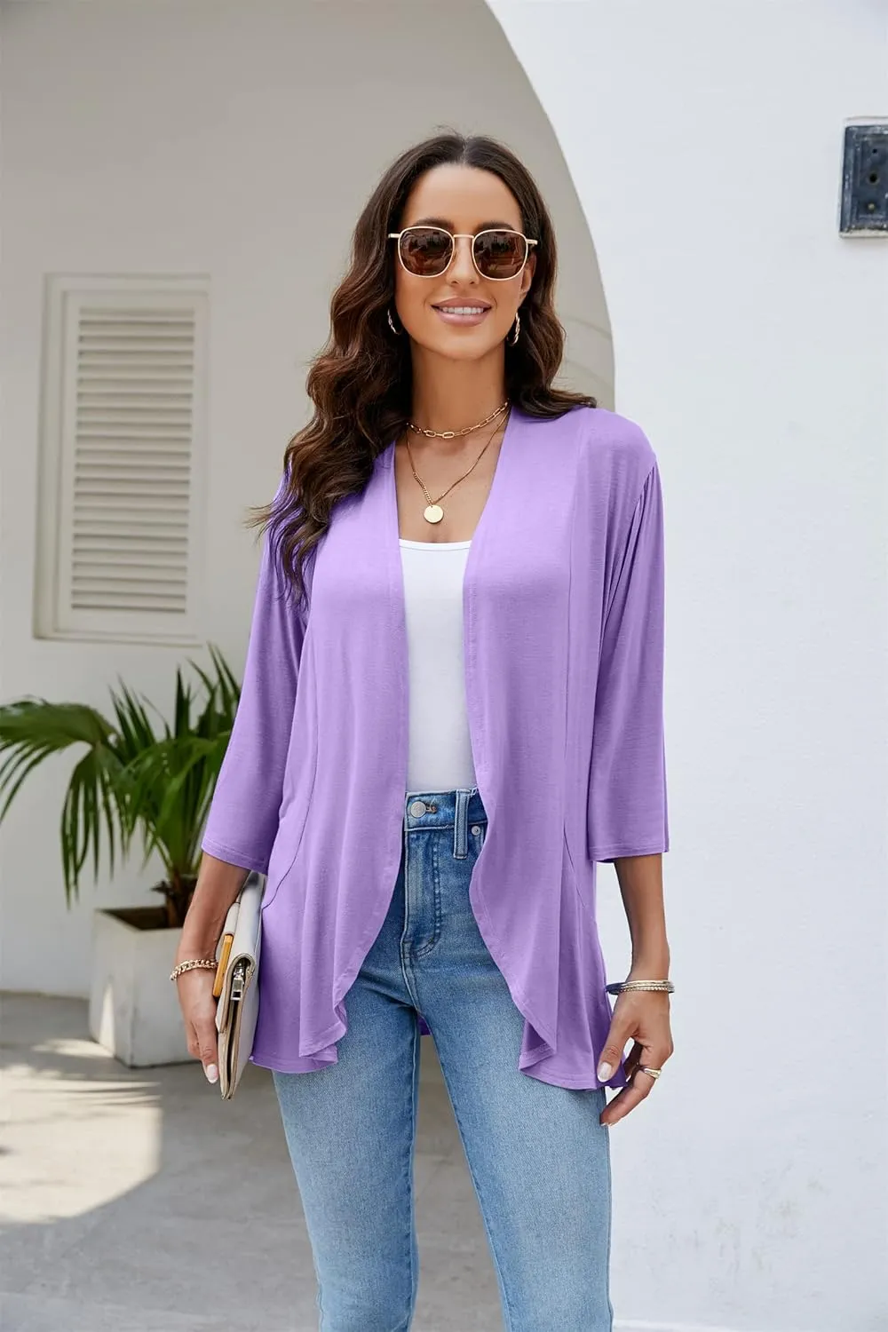 CASURESS Women's Casual Lightweight Open Front Cardigans Soft Draped Ruffles 3/4 Sleeve Cardigan