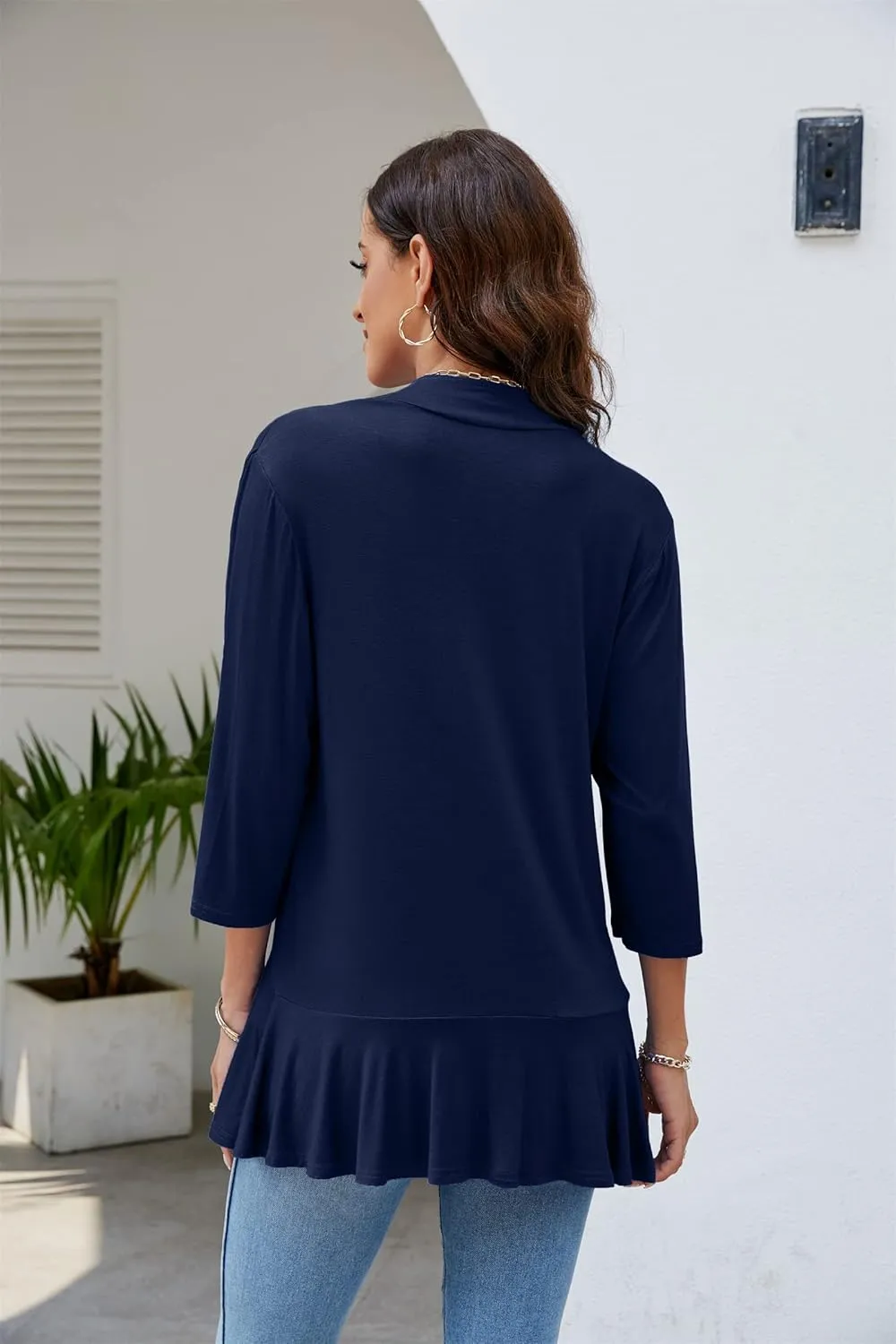 CASURESS Women's Casual Lightweight Open Front Cardigans Soft Draped Ruffles 3/4 Sleeve Cardigan