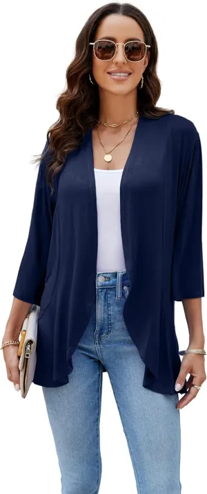 CASURESS Women's Casual Lightweight Open Front Cardigans Soft Draped Ruffles 3/4 Sleeve Cardigan