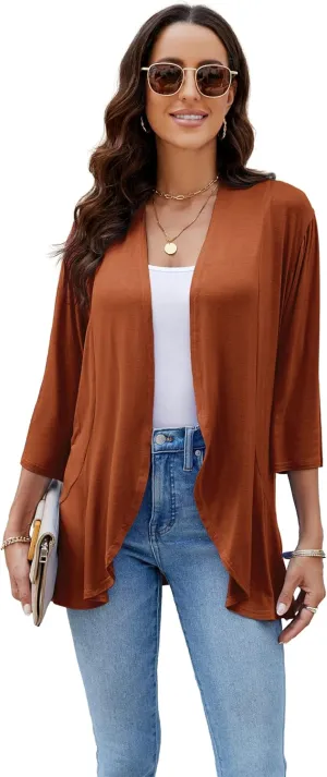 CASURESS Women's Casual Lightweight Open Front Cardigans Soft Draped Ruffles 3/4 Sleeve Cardigan