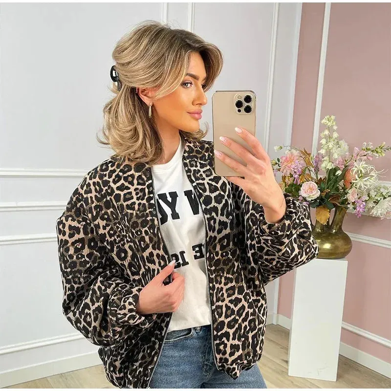 Chic Vintage Leopard Print Cotton fall Coat bomber jacket