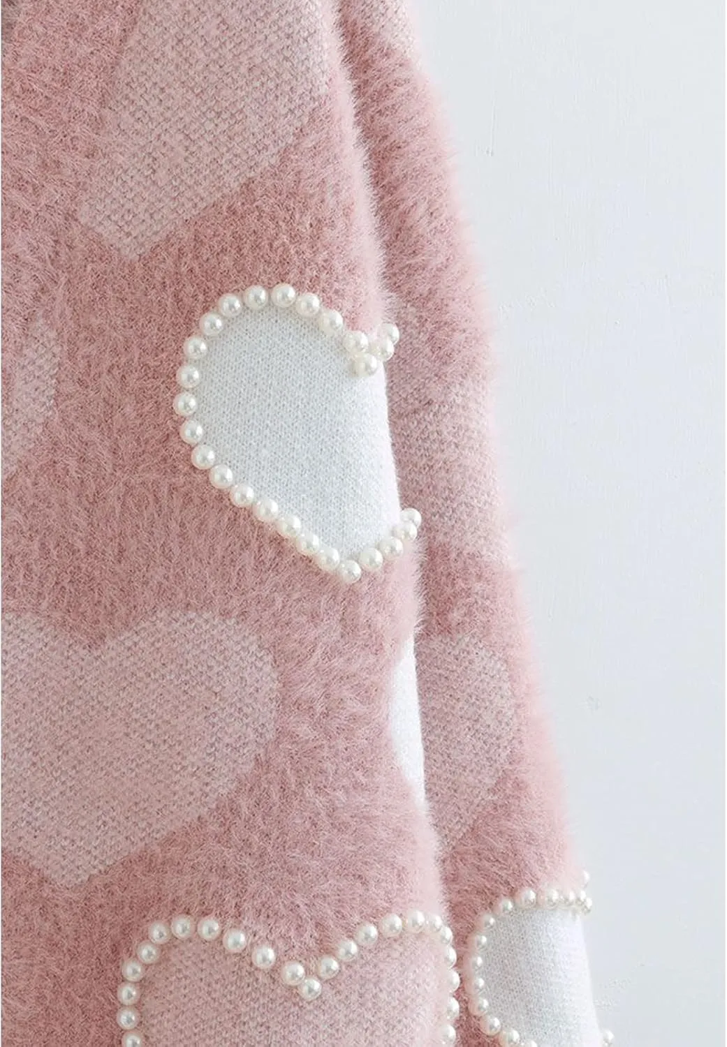CHICWISH Women Fuzzy Pearl Heart Knit Cardigan Romantic V Neck Button Long Sleeve Valentines Holiday Soft Sweater Cardigans
