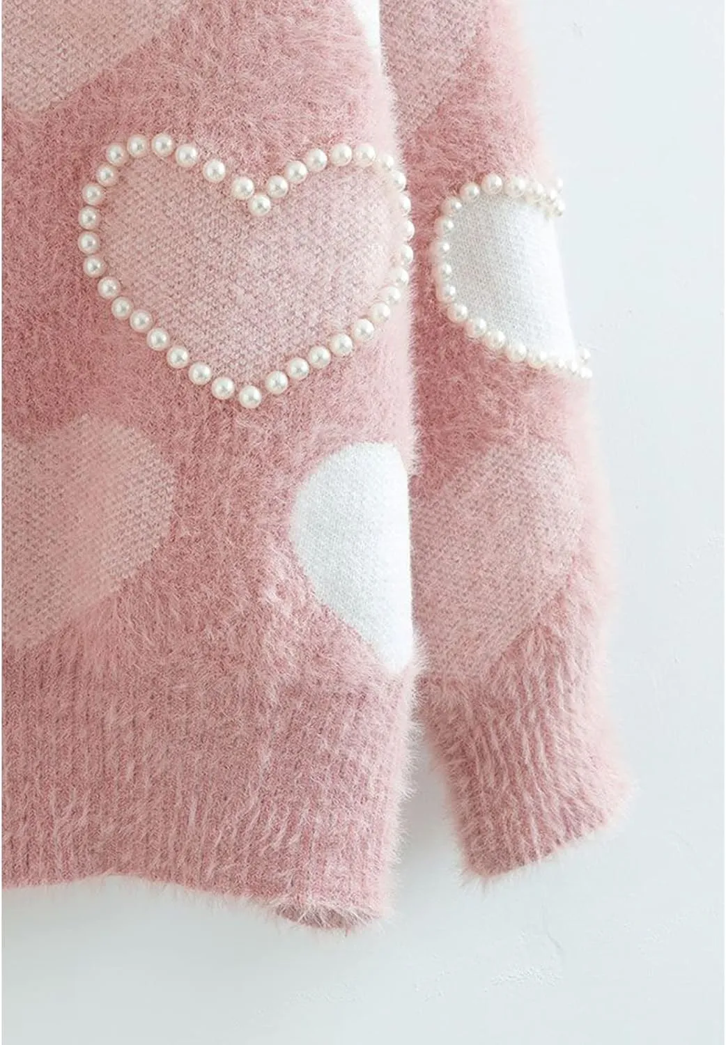 CHICWISH Women Fuzzy Pearl Heart Knit Cardigan Romantic V Neck Button Long Sleeve Valentines Holiday Soft Sweater Cardigans