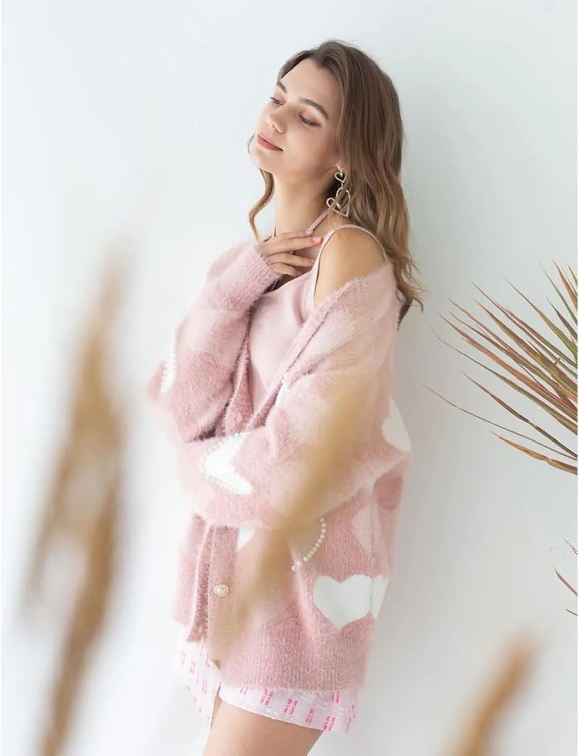 CHICWISH Women Fuzzy Pearl Heart Knit Cardigan Romantic V Neck Button Long Sleeve Valentines Holiday Soft Sweater Cardigans