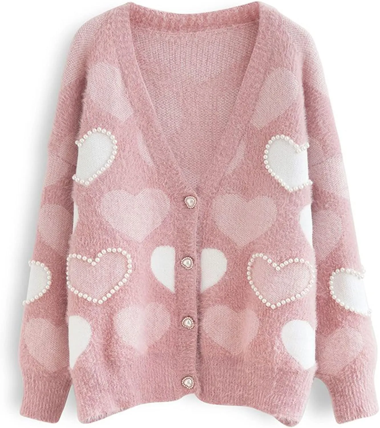 CHICWISH Women Fuzzy Pearl Heart Knit Cardigan Romantic V Neck Button Long Sleeve Valentines Holiday Soft Sweater Cardigans