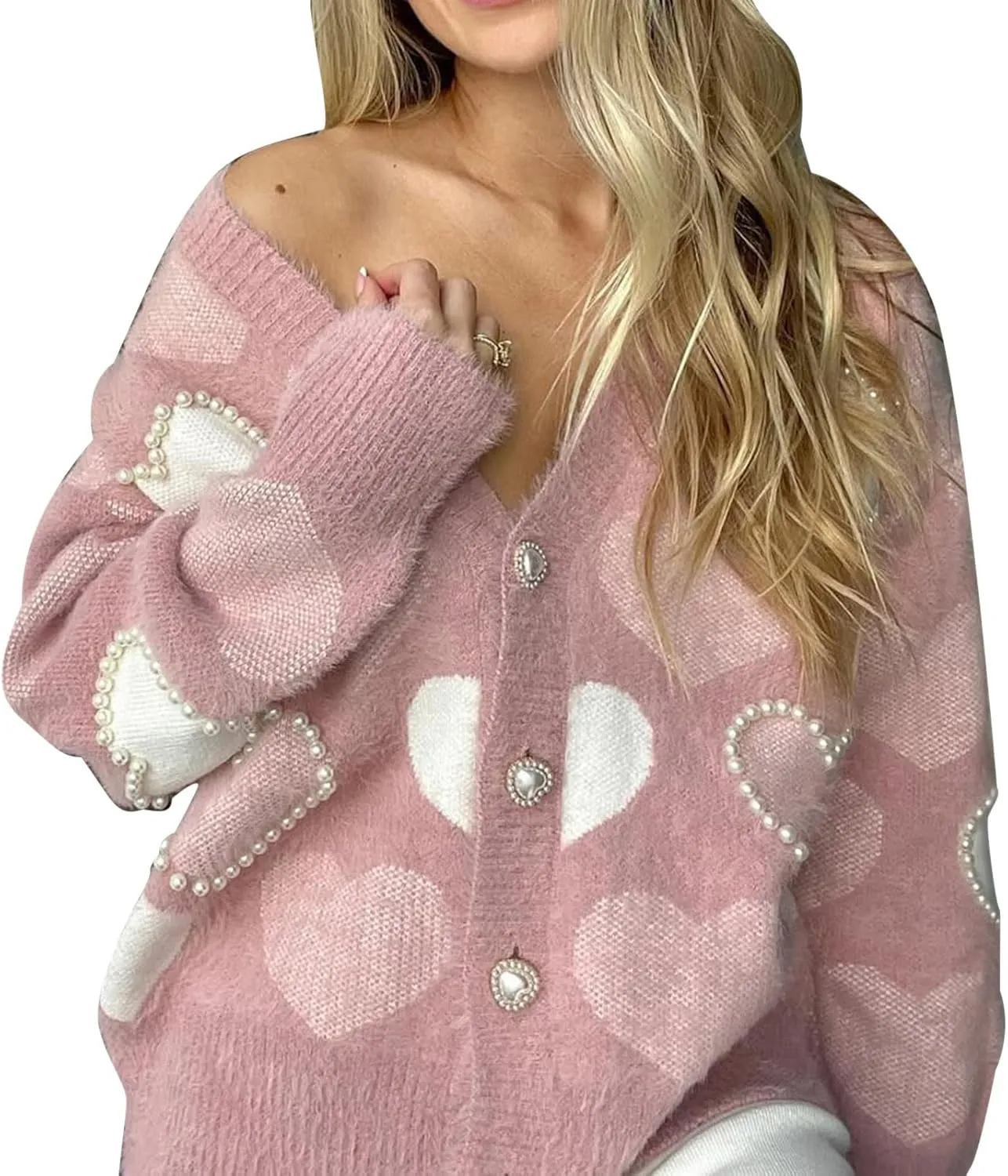 CHICWISH Women Fuzzy Pearl Heart Knit Cardigan Romantic V Neck Button Long Sleeve Valentines Holiday Soft Sweater Cardigans