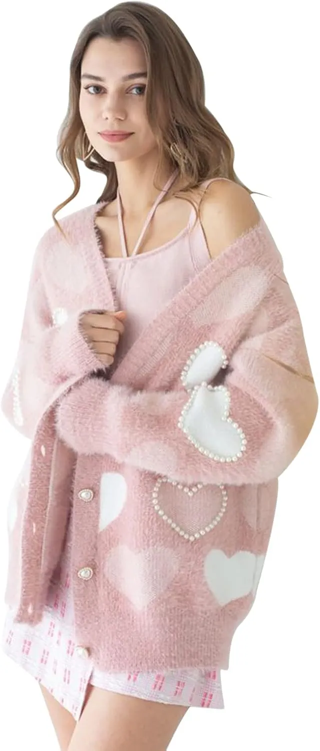 CHICWISH Women Fuzzy Pearl Heart Knit Cardigan Romantic V Neck Button Long Sleeve Valentines Holiday Soft Sweater Cardigans