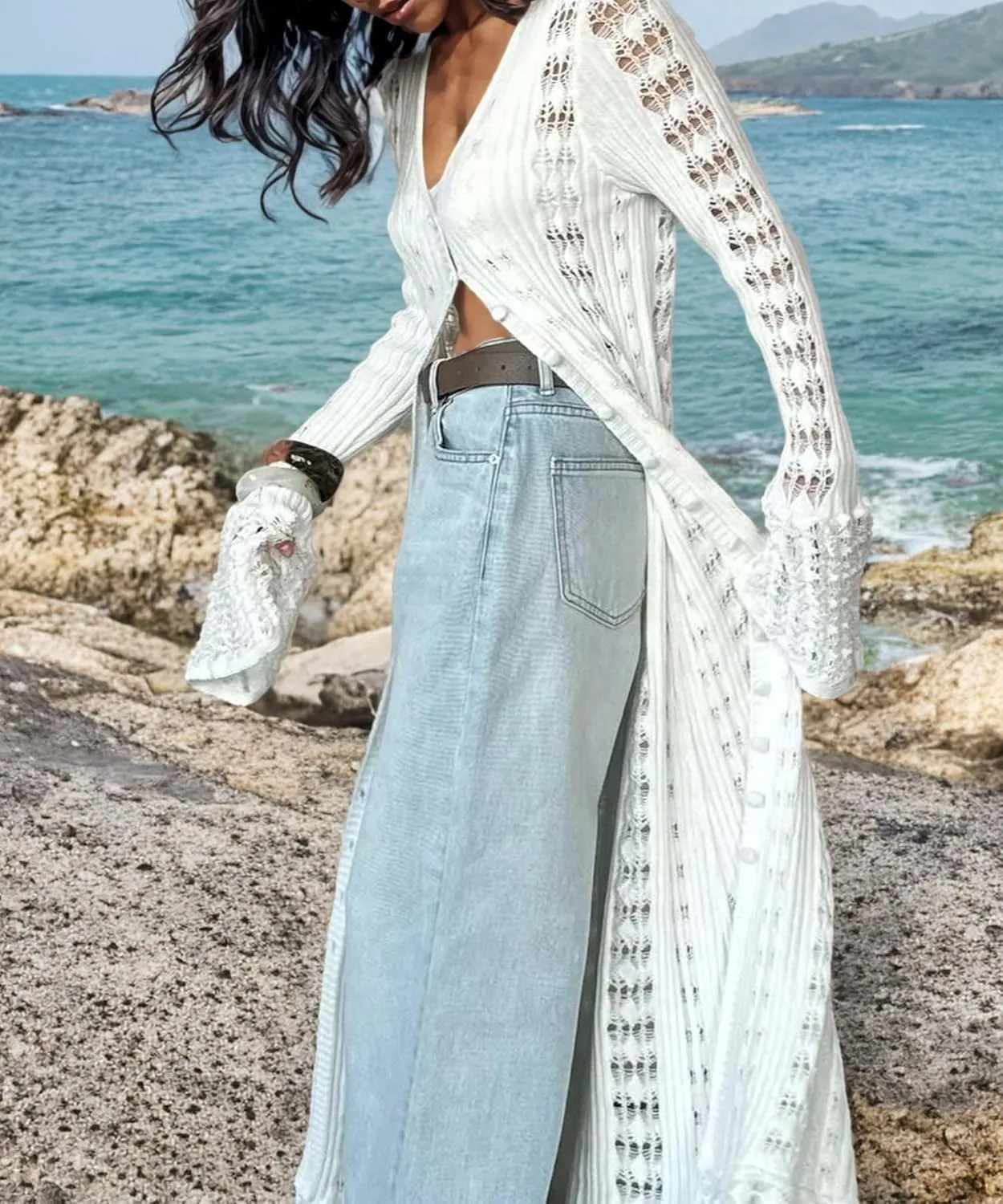 Crochet Cardigans for Women Hollow Out Knitted V Neck Long Sleeve Button Up Beach Cover Up Vacation Maxi Dress