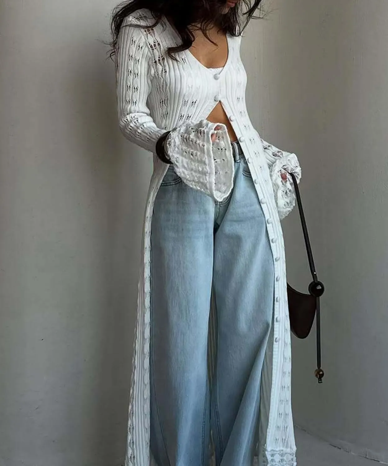 Crochet Cardigans for Women Hollow Out Knitted V Neck Long Sleeve Button Up Beach Cover Up Vacation Maxi Dress