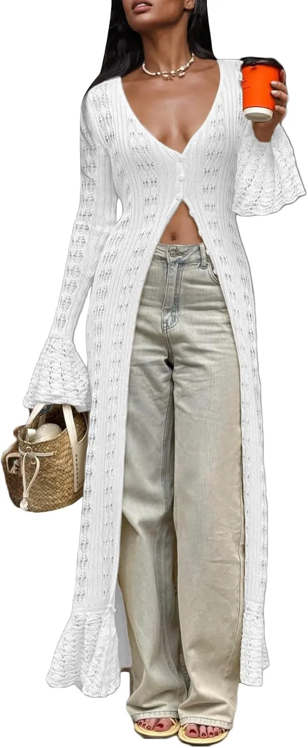 Crochet Cardigans for Women Hollow Out Knitted V Neck Long Sleeve Button Up Beach Cover Up Vacation Maxi Dress