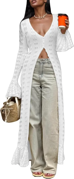 Crochet Cardigans for Women Hollow Out Knitted V Neck Long Sleeve Button Up Beach Cover Up Vacation Maxi Dress