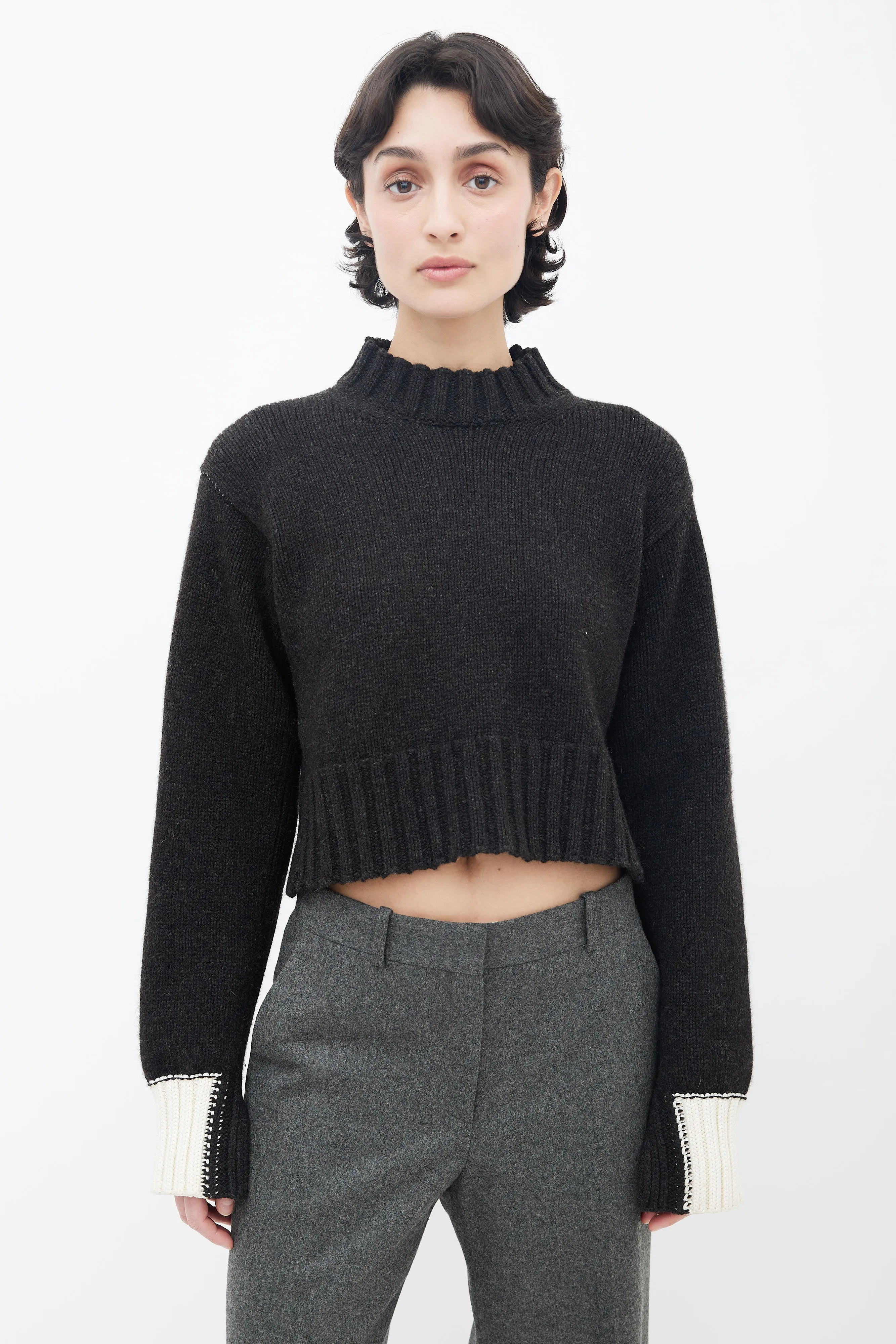 Dark Grey & Contrast Cuff Knit Sweater