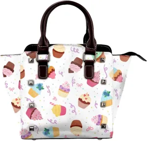 Delicious Cupcakes Neutral Women Leather Handbag Rivet Shoulder Bag Top Handle Satchel Purse