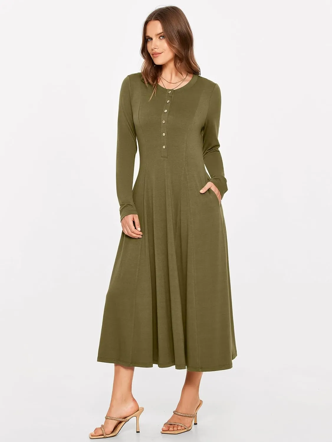 Glamaker Womens Casual Long Sleeve Maxi Dresses Crew Neck Button Down A line Flowy Dresses with Pockets