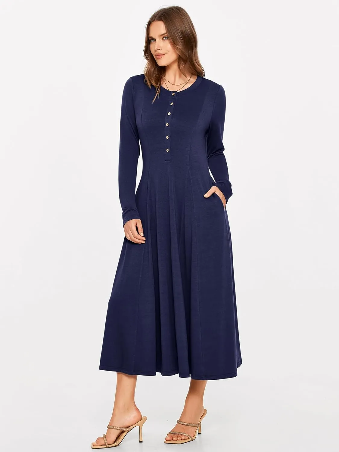 Glamaker Womens Casual Long Sleeve Maxi Dresses Crew Neck Button Down A line Flowy Dresses with Pockets