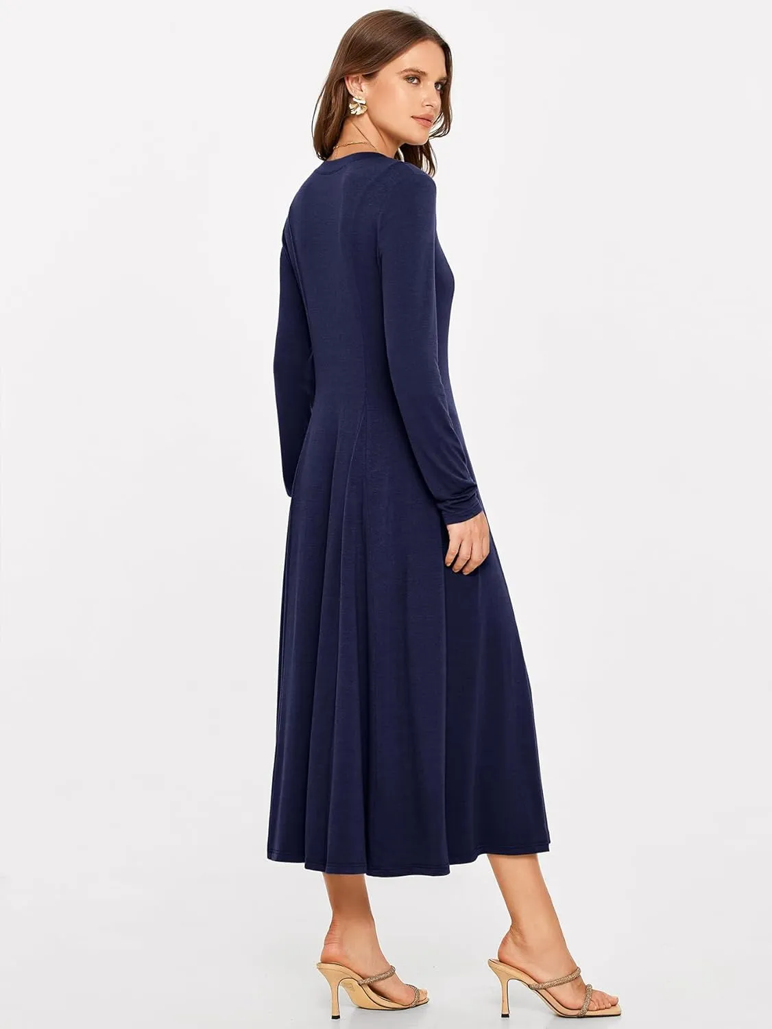 Glamaker Womens Casual Long Sleeve Maxi Dresses Crew Neck Button Down A line Flowy Dresses with Pockets