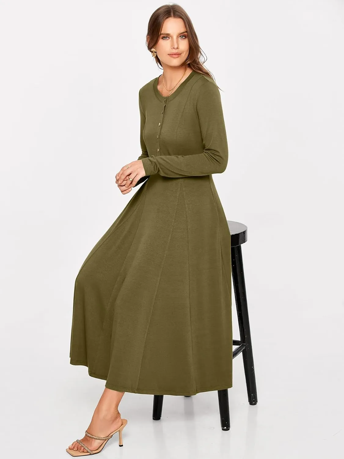 Glamaker Womens Casual Long Sleeve Maxi Dresses Crew Neck Button Down A line Flowy Dresses with Pockets