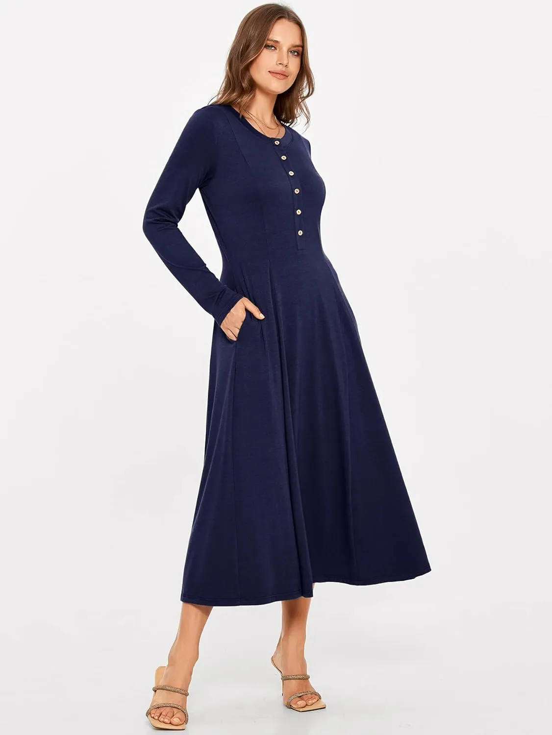 Glamaker Womens Casual Long Sleeve Maxi Dresses Crew Neck Button Down A line Flowy Dresses with Pockets
