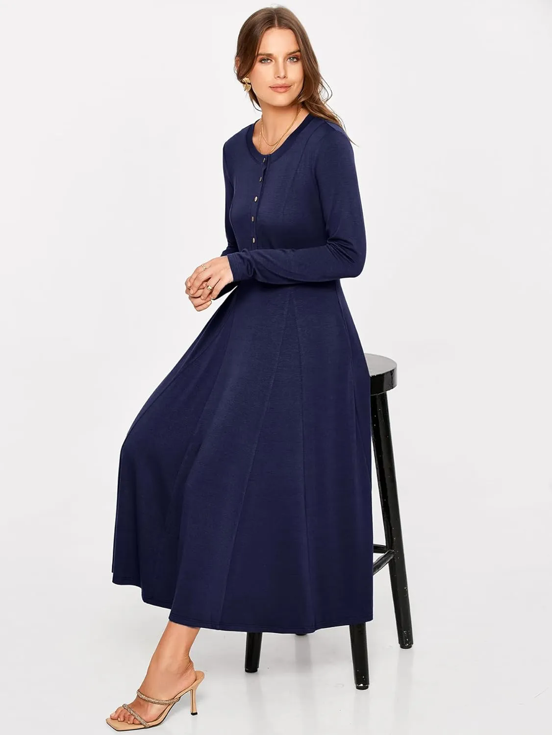 Glamaker Womens Casual Long Sleeve Maxi Dresses Crew Neck Button Down A line Flowy Dresses with Pockets