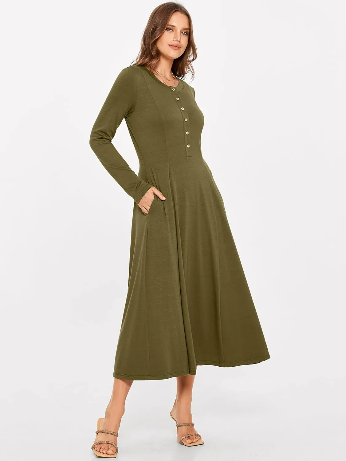 Glamaker Womens Casual Long Sleeve Maxi Dresses Crew Neck Button Down A line Flowy Dresses with Pockets
