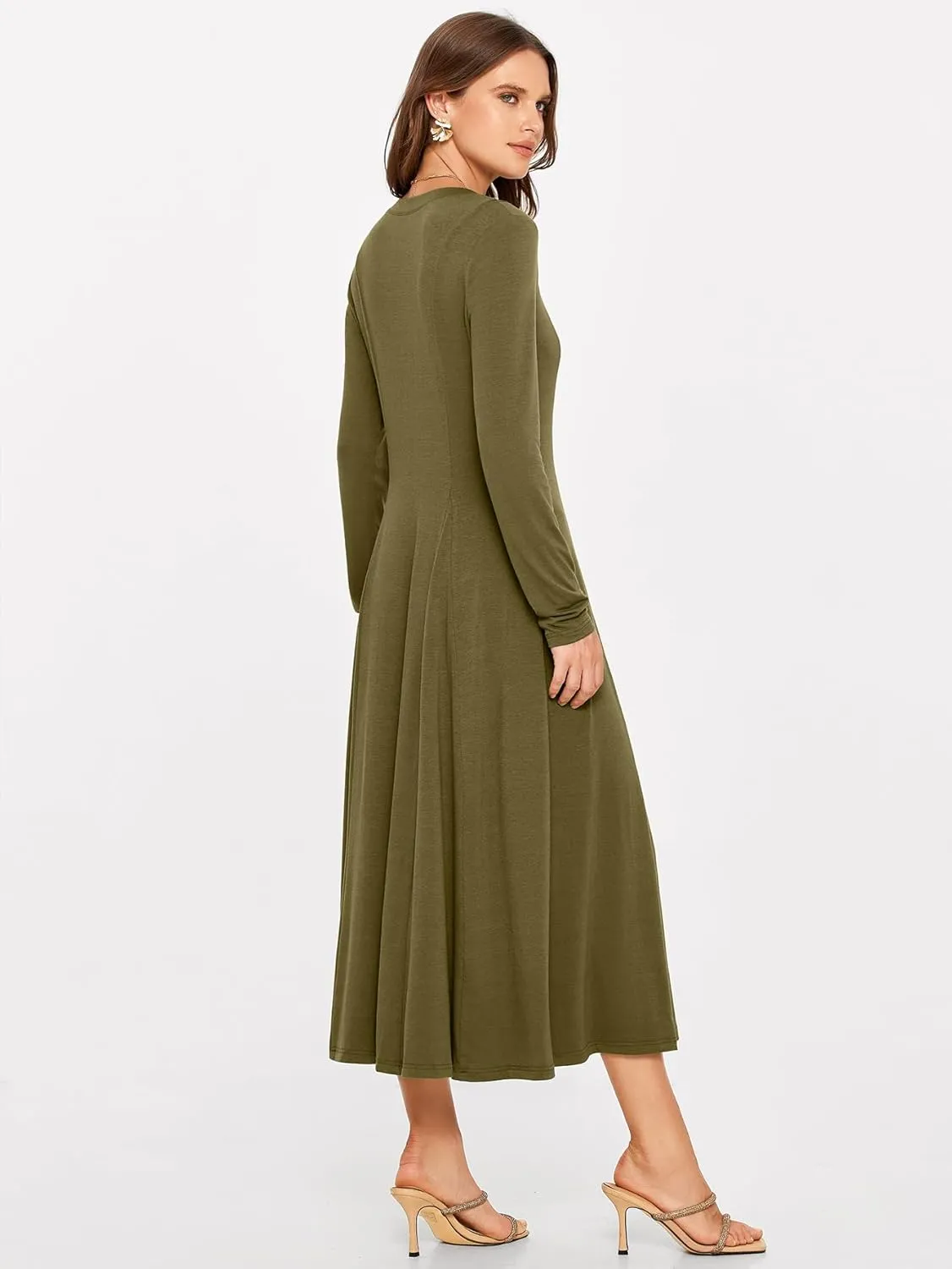 Glamaker Womens Casual Long Sleeve Maxi Dresses Crew Neck Button Down A line Flowy Dresses with Pockets