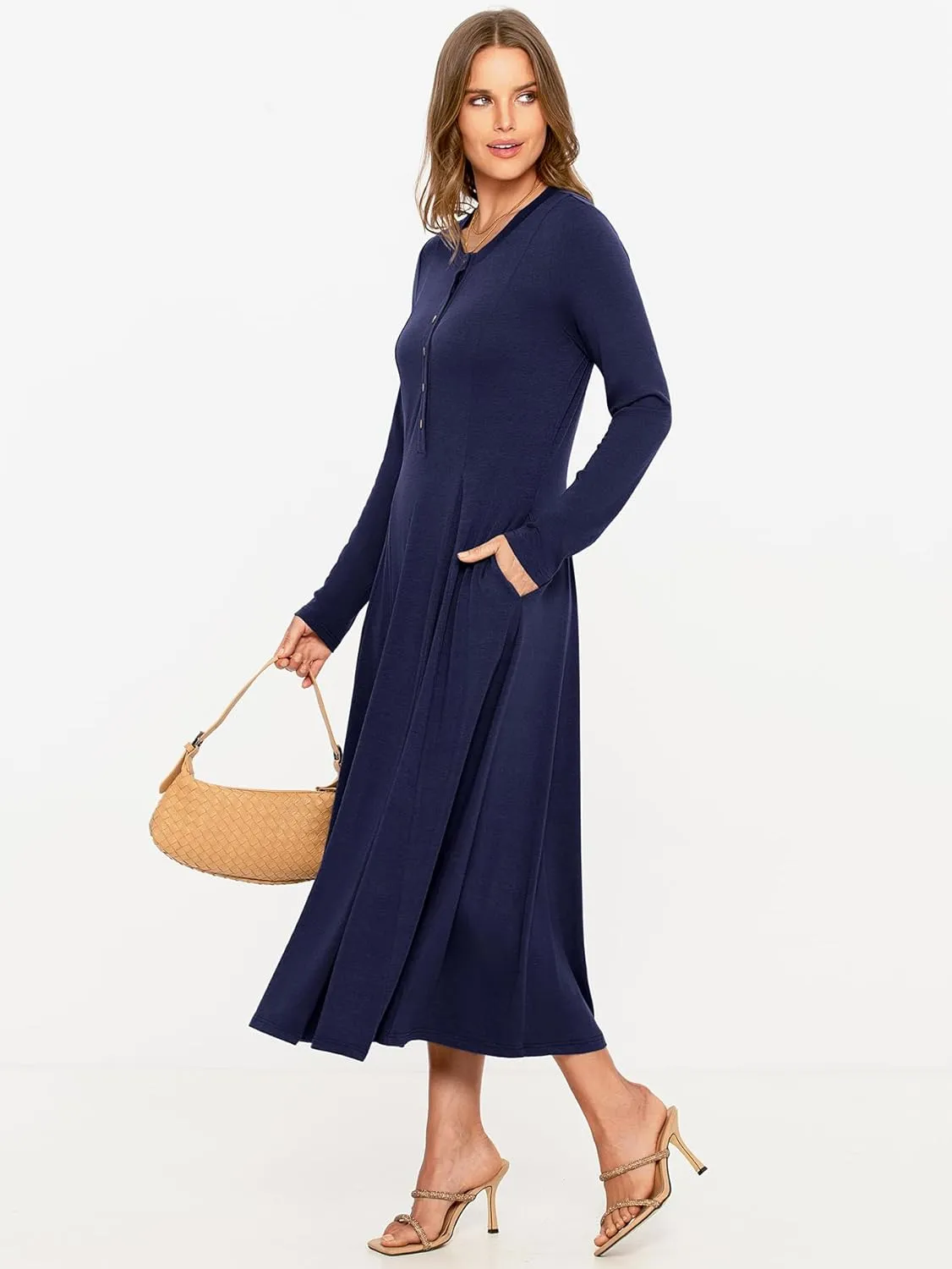 Glamaker Womens Casual Long Sleeve Maxi Dresses Crew Neck Button Down A line Flowy Dresses with Pockets
