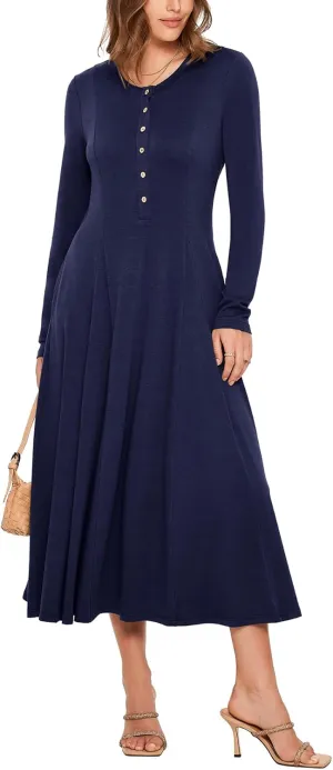 Glamaker Womens Casual Long Sleeve Maxi Dresses Crew Neck Button Down A line Flowy Dresses with Pockets