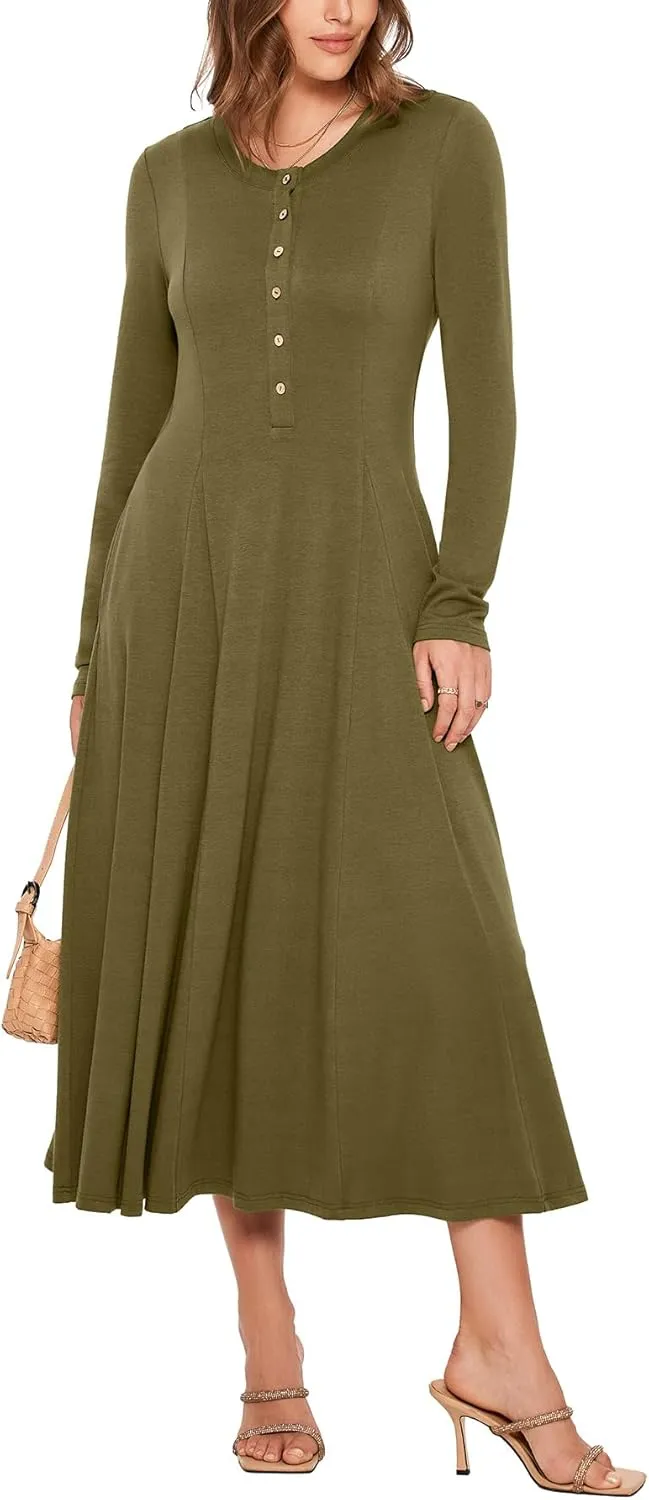 Glamaker Womens Casual Long Sleeve Maxi Dresses Crew Neck Button Down A line Flowy Dresses with Pockets