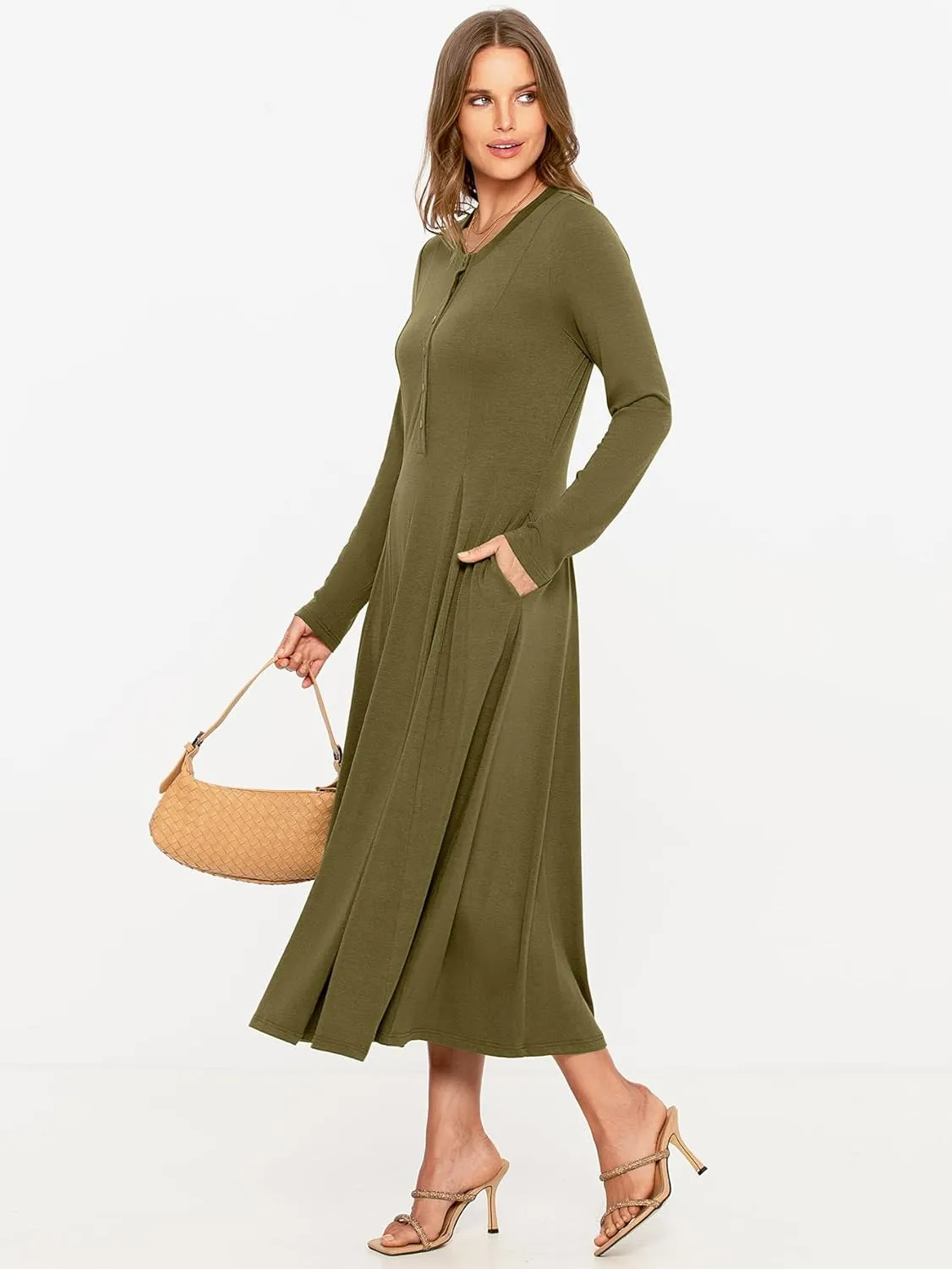 Glamaker Womens Casual Long Sleeve Maxi Dresses Crew Neck Button Down A line Flowy Dresses with Pockets
