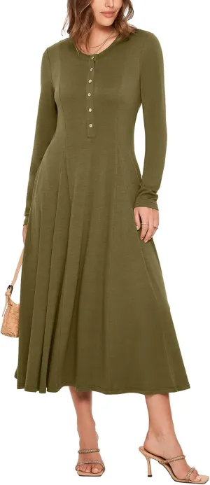Glamaker Womens Casual Long Sleeve Maxi Dresses Crew Neck Button Down A line Flowy Dresses with Pockets