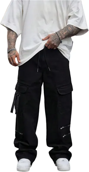 GORGLITTER Men's Stacked Wide Leg Cargo Pants Baggy Y2K Elastic Drawstring Trouser Street Pants