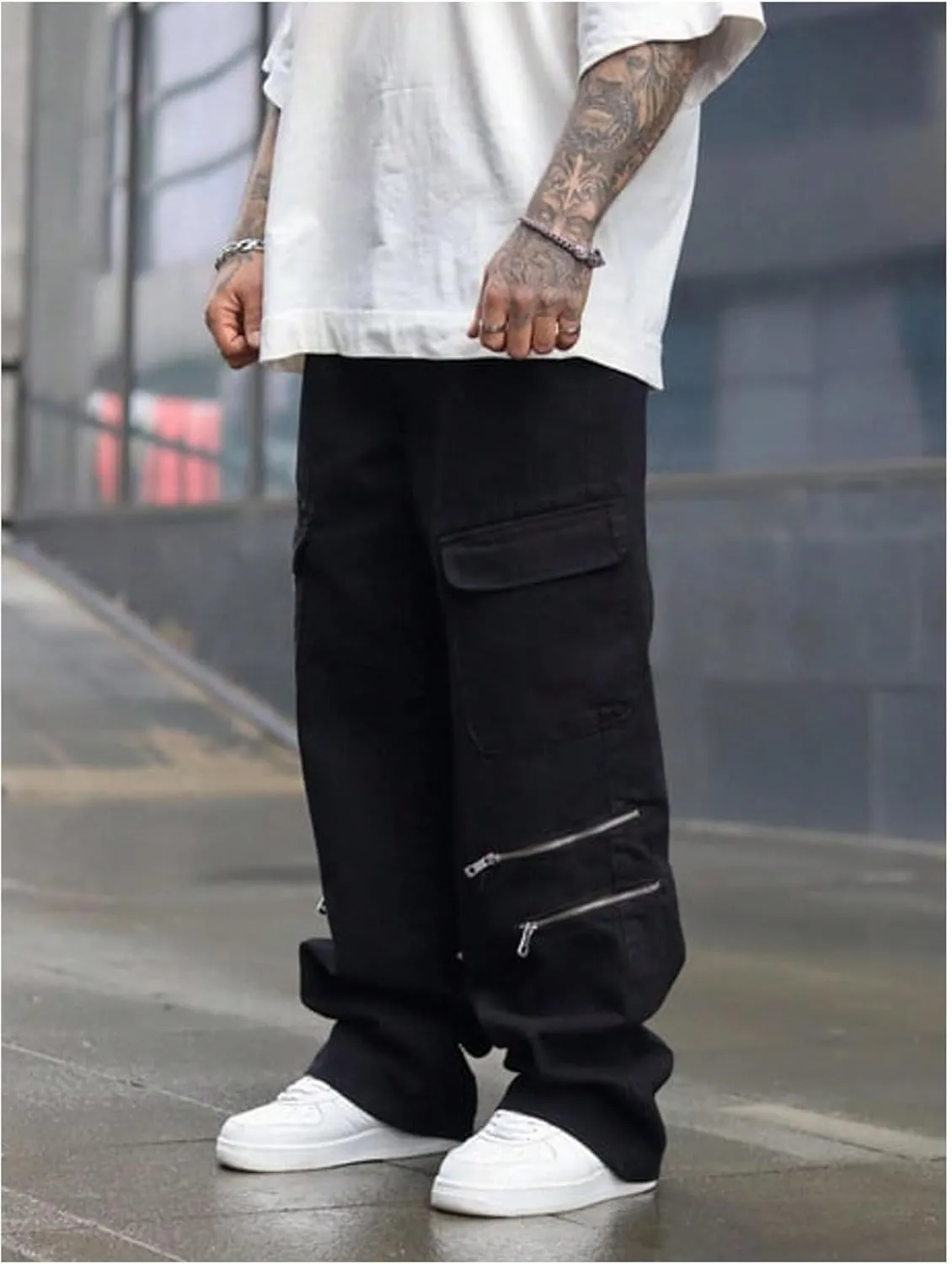 GORGLITTER Men's Stacked Wide Leg Cargo Pants Baggy Y2K Elastic Drawstring Trouser Street Pants